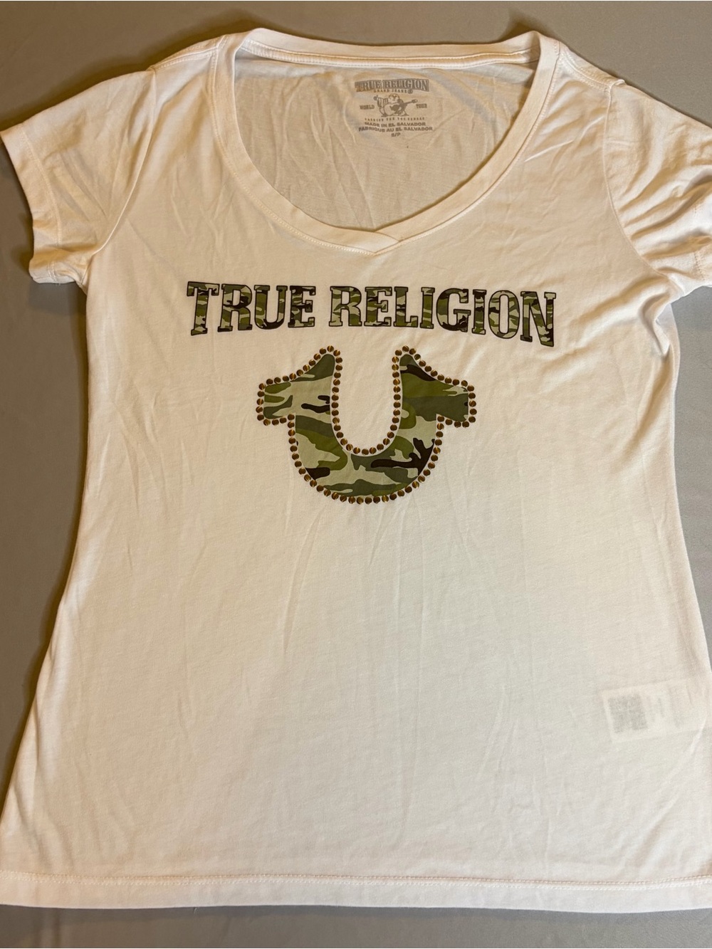True Religion White Short-Sleeve Tee with Camo Logo and Stud Accents
